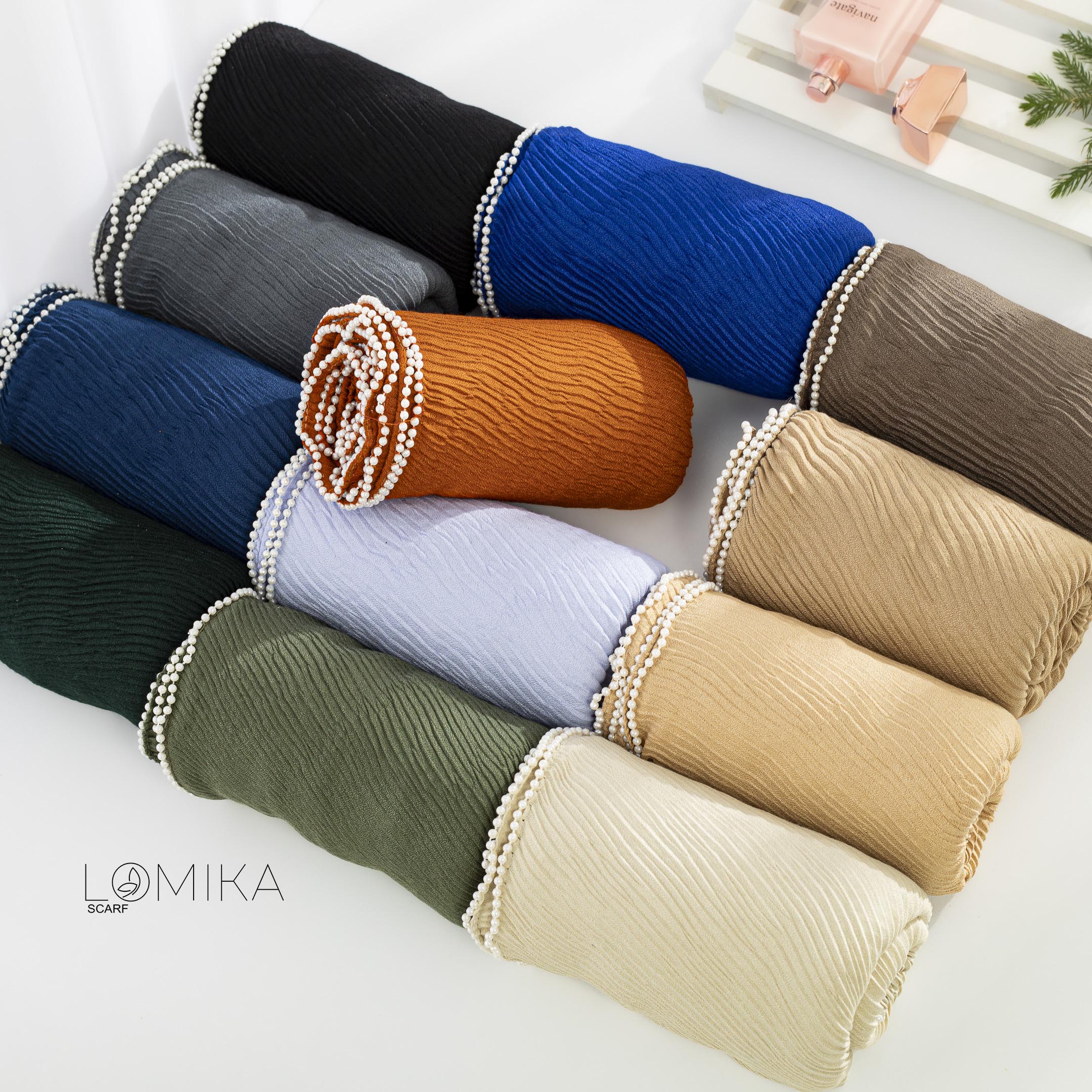 شال پلیسه دورمروارید بسته12رنگی کد sm25 (عمده)