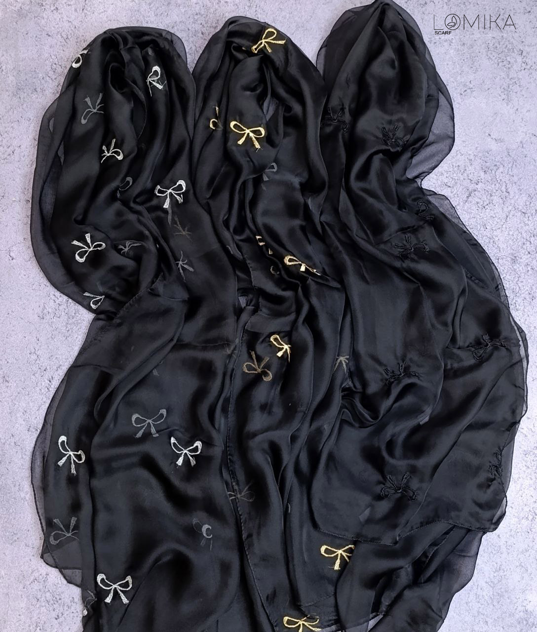 شال حریر گلدوزی پاپیون بسته3رنگی کد sm59 (عمده)