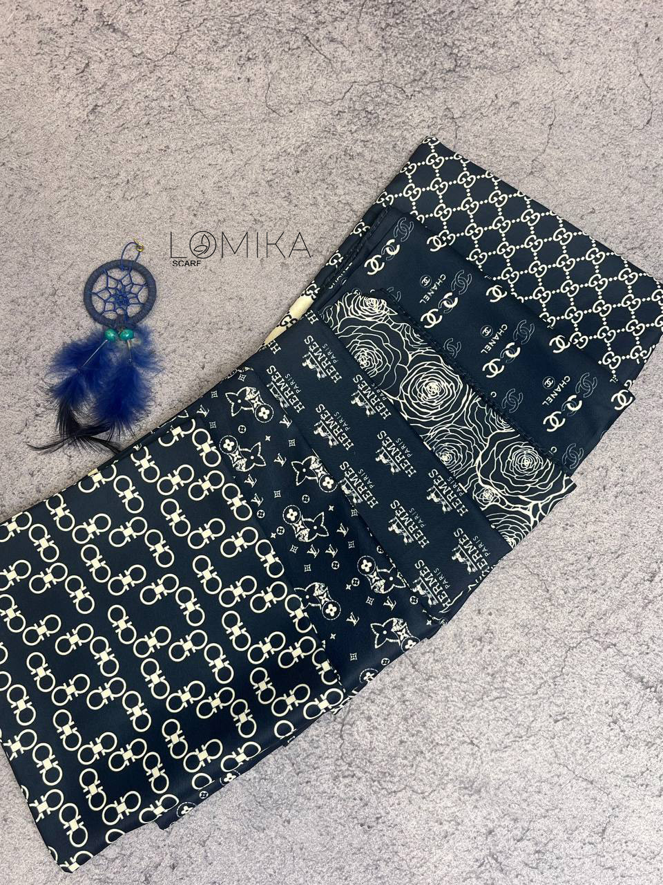 مینی اسکارف ابریشم توییل پک سورمه ای بسته6طرحی کد mt41 (عمده)