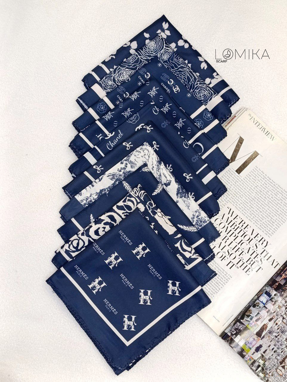 مینی اسکارف ابریشم توییل پک سرمه ای بسته10طرحی کد mt52 (عمده)