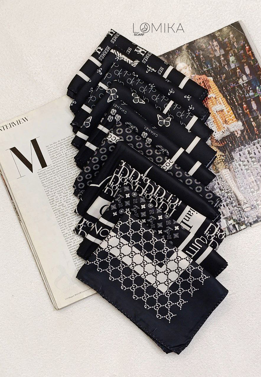 مینی اسکارف ابریشم توییل پک سفیدمشکی بسته10طرحی کد mt53 (عمده)