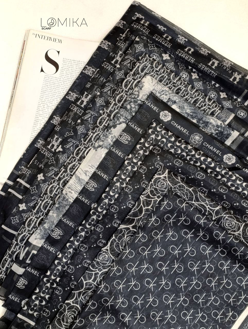 شال حریر طرحدار پک مشکی سفید بسته10طرحی کد sh53 (عمده)