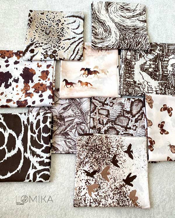 🤎خرید مینی اسکارف پک قهوه‌ای طرح‌دار بسته ۱۰ عددی | فروش عمده مینی اسکارف باکیفیت