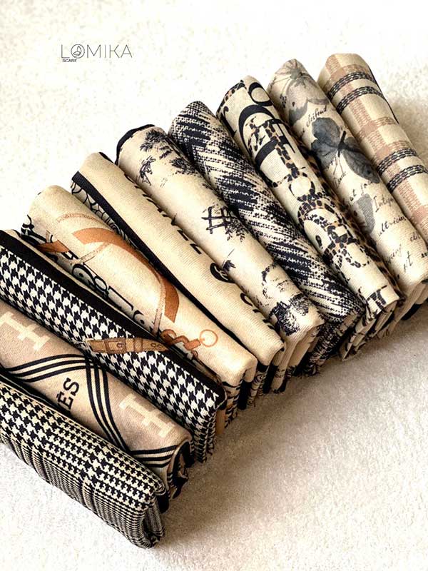 خرید شال جیر پک مشکی کرم طرح‌دار بسته ۱۰ عددی | فروش عمده شال با کیفیت بالا